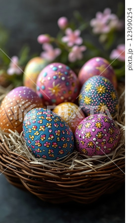 Vibrant hand-painted Easter eggs displayed in a wicker basket with spring flowers in the background 123090254