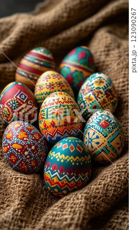 Colorful pysanky collection on woven fabric evokes cultural Easter traditions 123090267