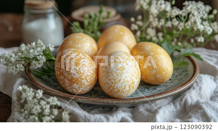 Beautifully decorated Easter eggs with natural dyes and spring flowers for festive celebration 123090392