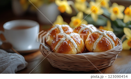 Freshly baked hot cross buns with tea and spring flowers on a wooden table for Easter brunch 123090454