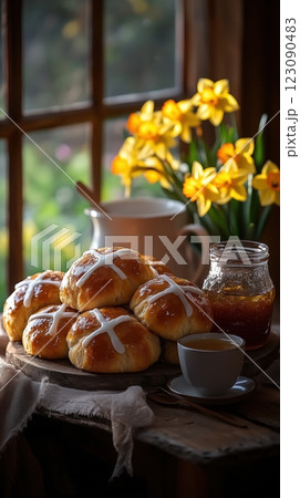 Warm morning sunlight on a cozy display of hot cross buns with tea and spring flowers 123090483