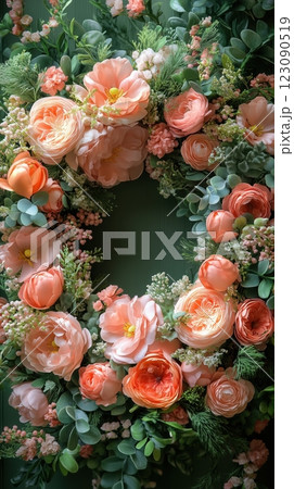 Pastel floral wreath featuring roses and tulips, illuminated by soft candlelight 123090519