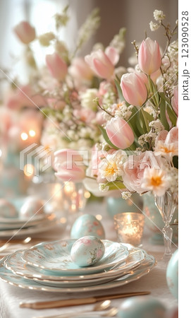 Elegant Easter table setting with pastel colors and floral arrangements for spring celebration 123090528