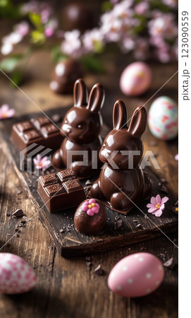 Delightful Easter chocolate display featuring bunnies, eggs, and flowers on a rustic wooden surface Delightful Easter chocolate display featuring bunnies, eggs, and flowers on a rustic wooden surface 123090559
