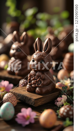 Elegant Easter chocolate display with bunnies, eggs, and flowers basking in warm sunlight Elegant Easter chocolate display with bunnies, eggs, and flowers basking in warm sunlight 123090560