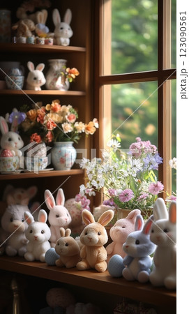 Charming Easter display with plush bunnies and spring decor on wooden shelf Charming Easter display with plush bunnies and spring decor on wooden shelf 123090561