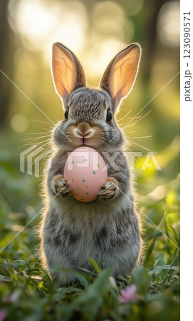 Fluffy gray bunny joyfully holds pastel pink Easter egg in vibrant garden setting 123090571