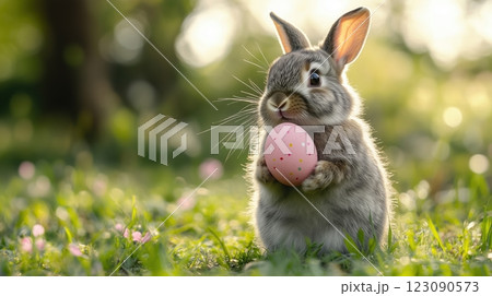 Fluffy gray bunny holds pastel pink Easter egg in a vibrant spring meadow under sunlight 123090573