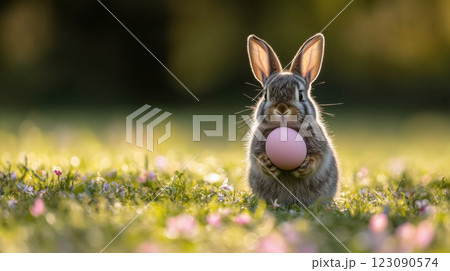 Fluffy gray bunny joyfully holds pastel pink Easter egg in vibrant green grass 123090574