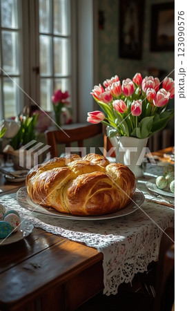 Family Easter breakfast featuring Ukrainian paska bread with fresh tulips and decorated table 123090576