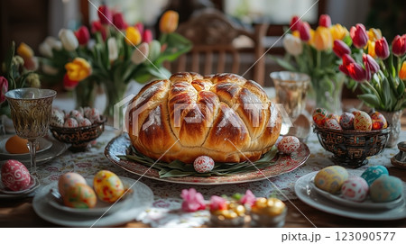 Easter breakfast table with traditional Ukrainian paska bread and colorful decorations 123090577