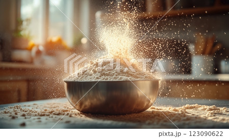 Flour pouring into a mixing bowl in a cozy kitchen during a warm sunny afternoon Flour pouring into a mixing bowl in a cozy kitchen during a warm sunny afternoon 123090622