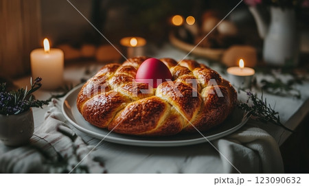 Traditional Greek tsoureki Easter bread displayed on a rustic table with red egg and candles 123090632