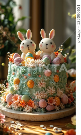 Whimsical Easter cake adorned with fondant rabbits and colorful decorations in golden sunlight Whimsical Easter cake adorned with fondant rabbits and colorful decorations in golden sunlight 123090651