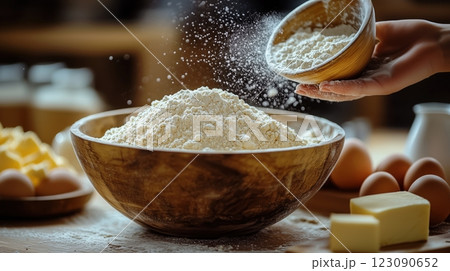 Baking a delightful Easter cake with flour, eggs, butter, and sugar on rustic wooden surface Baking a delightful Easter cake with flour, eggs, butter, and sugar on rustic wooden surface 123090652