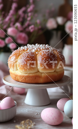 Golden French brioche de Pques adorned with pearl sugar in a chic Parisian kitchen during Easter 123090655