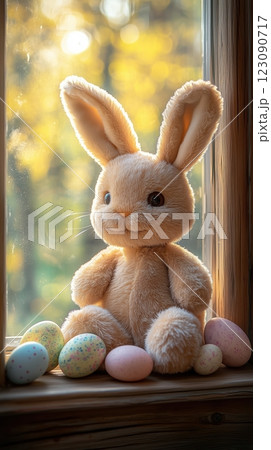 Soft plush bunny on a sunny windowsill with pastel Easter eggs evokes cozy spring feelings Soft plush bunny on a sunny windowsill with pastel Easter eggs evokes cozy spring feelings 123090717