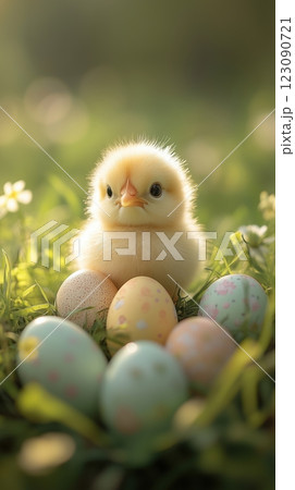 Tiny fluffy yellow chick curiously gazes at pastel Easter eggs in spring grass 123090721
