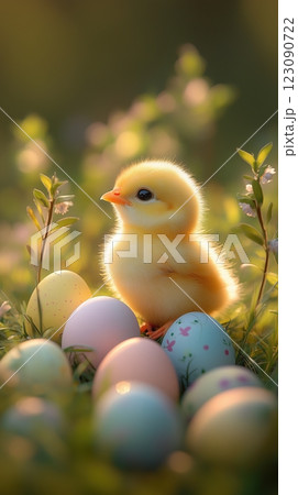 Tiny fluffy chick explores colorful Easter eggs in a sunny grassy field 123090722