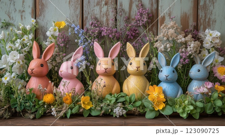 Whimsical handcrafted wooden bunnies surrounded by vibrant spring flowers on rustic wood 123090725