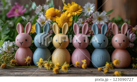 Handcrafted wooden bunnies amid vibrant spring flowers in pastel hues for Easter celebration 123090727