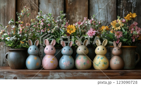 Handcrafted wooden bunnies and vibrant spring flowers create a charming Easter display 123090728
