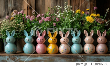 Whimsical display of handcrafted wooden bunnies among spring flowers in soft pastel shades 123090729