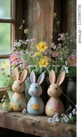 Handcrafted wooden bunnies with spring flowers create a charming Easter display 123090730