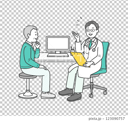 病院の外来で診察を受ける高齢男性と医師のイラスト 病院の外来で診察を受ける高齢男性と医師のイラスト 123090757