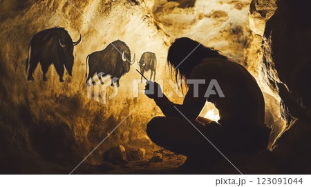Ancient cave painting depicting prehistoric man with buffalo art in dimly lit cavern showcasing early human creativity and expression 123091044