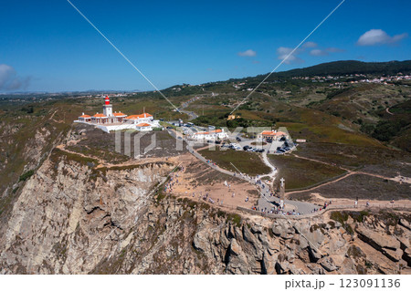 Drone view of Cabo da Roca lighthouse on cliff 123091136