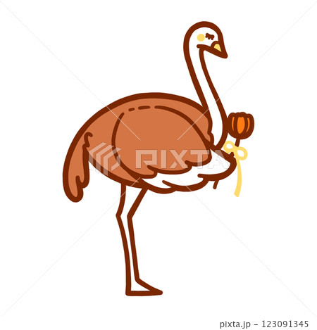 チューリップを持った横下向きダチョウのカラーイラスト 123091345