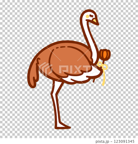 チューリップを持った横下向きダチョウのカラーイラスト 123091345