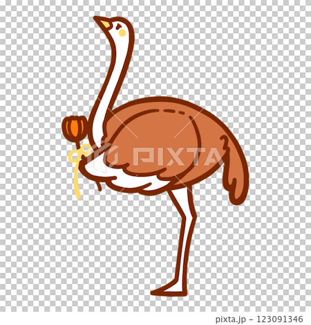 チューリップを持った横上向きダチョウのカラーイラスト チューリップを持った横上向きダチョウのカラーイラスト 123091346