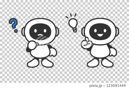 疑問･ひらめきのポーズをするAIロボットのセット【ベクターイラスト素材】 123091444