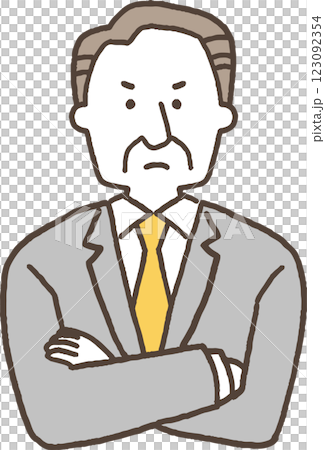 腕組みをして怒っているスーツ姿のシニア男性単色 腕組みをして怒っているスーツ姿のシニア男性単色 123092354