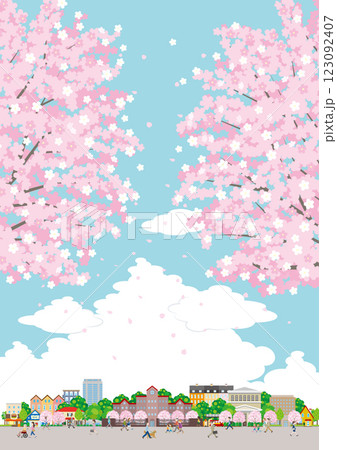 桜咲く春の街並みのイラスト. 街行く人々のイラスト. 123092407