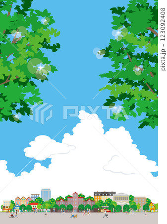 新緑の街並みイラスト. 街行く人々のイラスト. 123092408