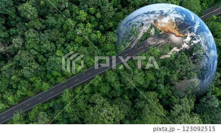 Asphalt road in middle of green tree forest road with globe planet earth, Green business sustainable energy environment ecosystem planet earth, Road to save earth planet save world and environment. 123092515