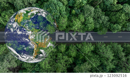 Asphalt road in middle of green tree forest road with globe planet earth, Green business sustainable energy environment ecosystem planet earth, Road to save earth planet save world and environment. 123092516