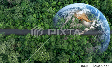 Aerial view EV electric vehicle car on middle green tree forest road globe earth planet, EV car electric vehicle car alternative sustainable energy eco power, Green business ecosystem environment. Aerial view EV electric vehicle car on middle green tree forest road globe earth planet, EV car electric vehicle car alternative sustainable energy eco power, Green business ecosystem environment. 123092537