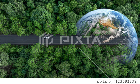 Aerial view EV electric vehicle car on middle green tree forest road globe earth planet, EV car electric vehicle car alternative sustainable energy eco power, Green business ecosystem environment. 123092538