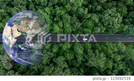 Aerial view EV electric vehicle car on middle green tree forest road globe earth planet, EV car electric vehicle car alternative sustainable energy eco power, Green business ecosystem environment. Aerial view EV electric vehicle car on middle green tree forest road globe earth planet, EV car electric vehicle car alternative sustainable energy eco power, Green business ecosystem environment. 123092539