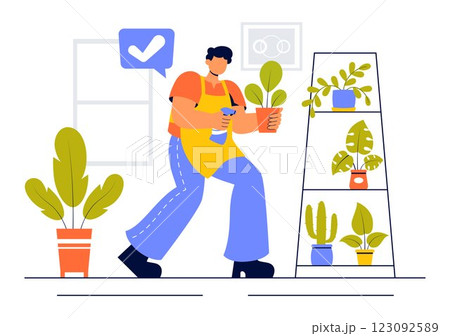 Home Gardening Vector Illustration featuring People Planting Gardens, Flowers, and Plants at Home and Outdoors in a Nature Concept Background 123092589