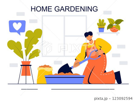 Home Gardening Vector Illustration featuring People Planting Gardens, Flowers, and Plants at Home and Outdoors in a Nature Concept Background Home Gardening Vector Illustration featuring People Planting Gardens, Flowers, and Plants at Home and Outdoors in a Nature Concept Background 123092594