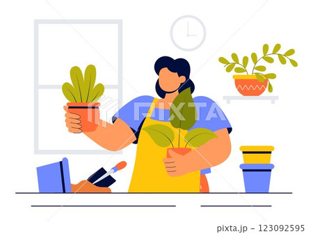 Home Gardening Vector Illustration featuring People Planting Gardens, Flowers, and Plants at Home and Outdoors in a Nature Concept Background Home Gardening Vector Illustration featuring People Planting Gardens, Flowers, and Plants at Home and Outdoors in a Nature Concept Background 123092595