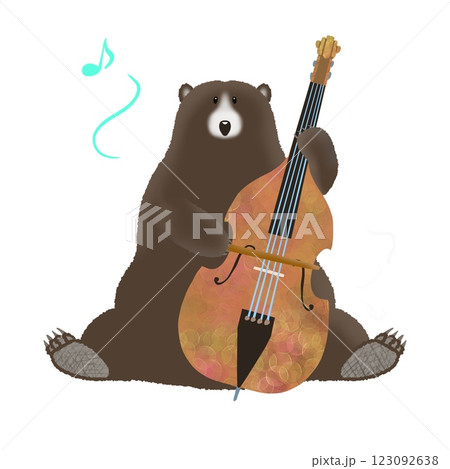 クマが楽しそうにコントラバスを弾いているイラスト 123092638