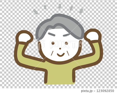 A senior man smiling and vigorously posing in a fist pump (upper body, front) 123092850