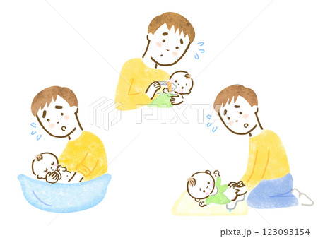 慌てたり不安になりながら赤ちゃんのお世話をする父親の手描きイラストセット 123093154