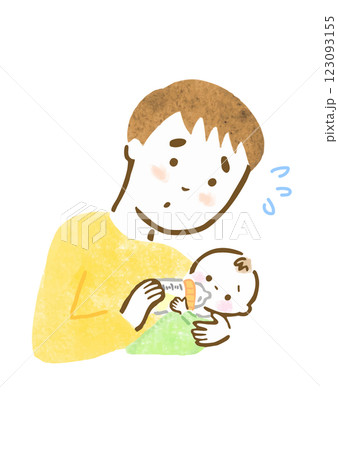 困った表情で赤ちゃんにミルクをあげている父親の手描きイラスト 123093155